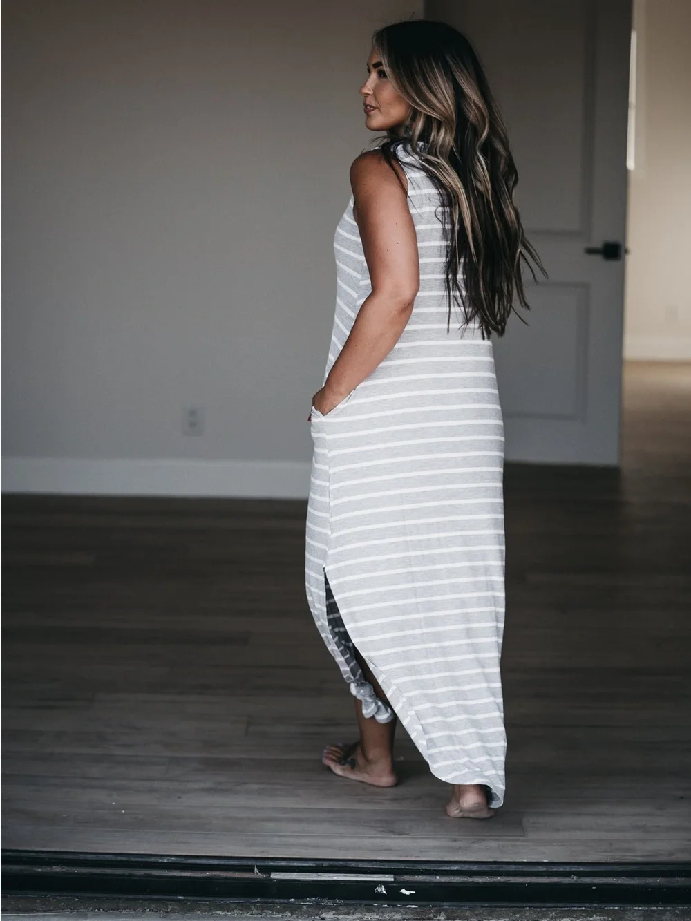 Zenana Outfitters Gray & White Striped Sleeveless Maxi Dress - Picture 6 of 6
